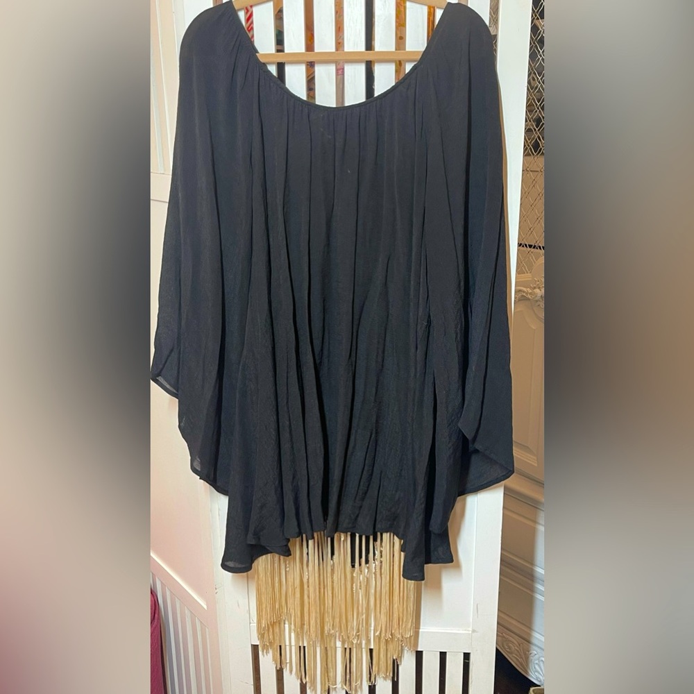 Black bell sleeve dress, with fringe NWOT